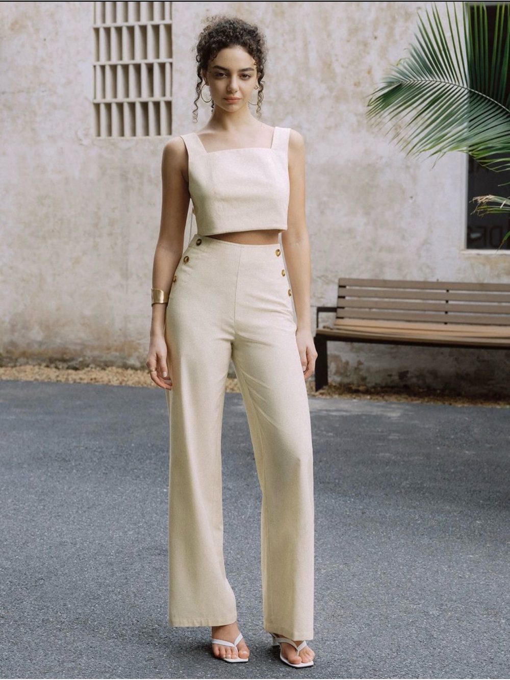 Commense Crop Top and High-Waist Wide-Leg Pants in Cream